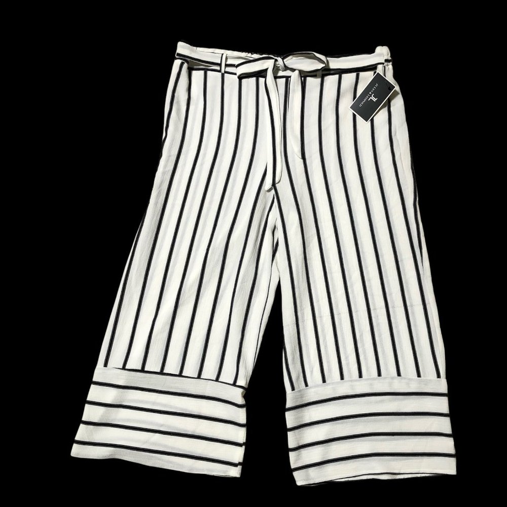 Striped Wide-Leg Tie-Waist Culotte Pants - White/Black